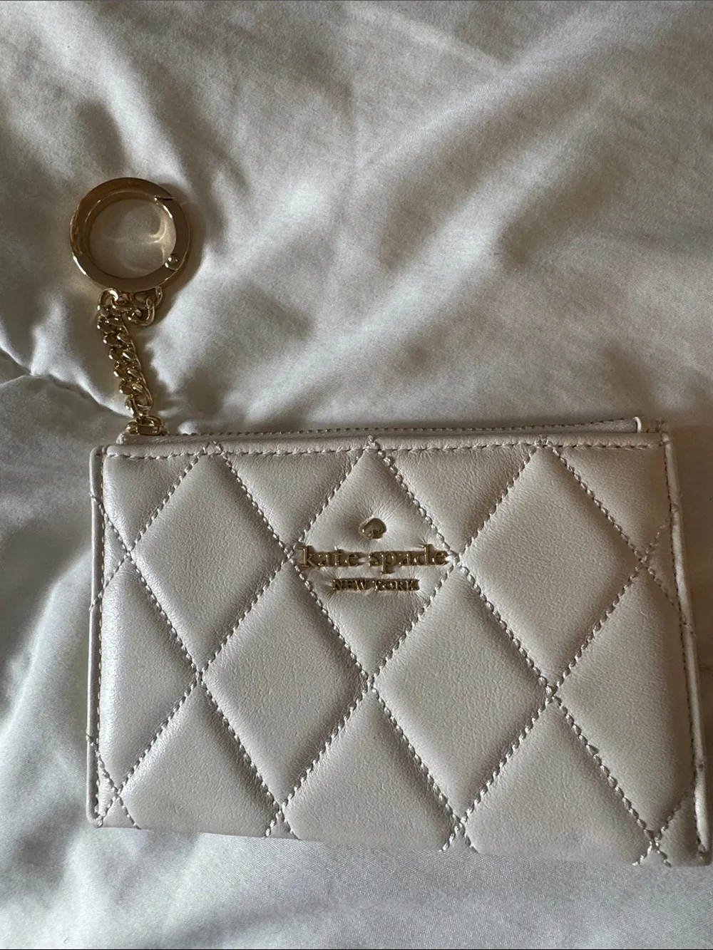 kate spade Cream Quilted Card Holder Keychain with Gold Hardware